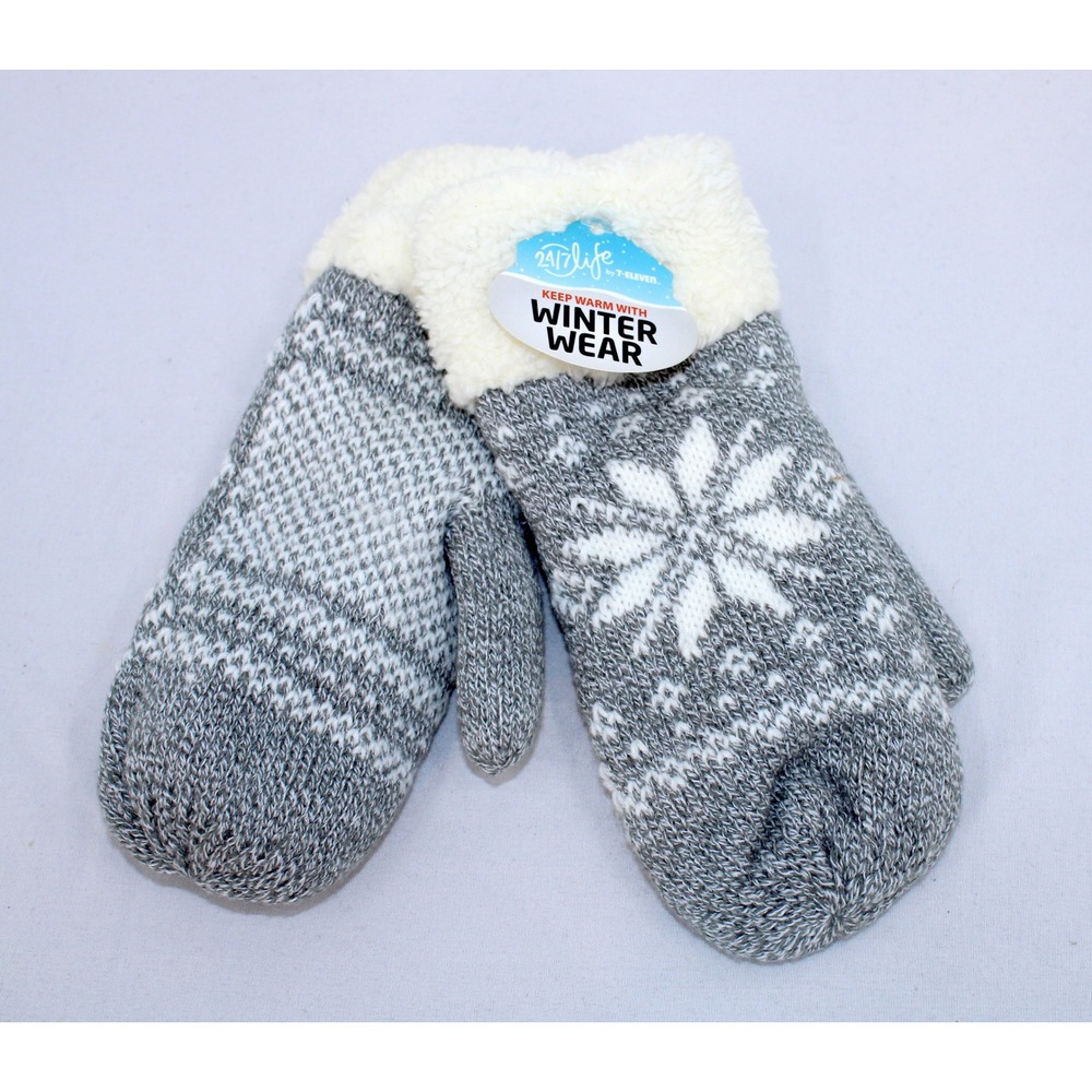 24/7 Life by 7-Eleven Girls Snowflake Knit Mittens Gray White L 332506-878-L NWT